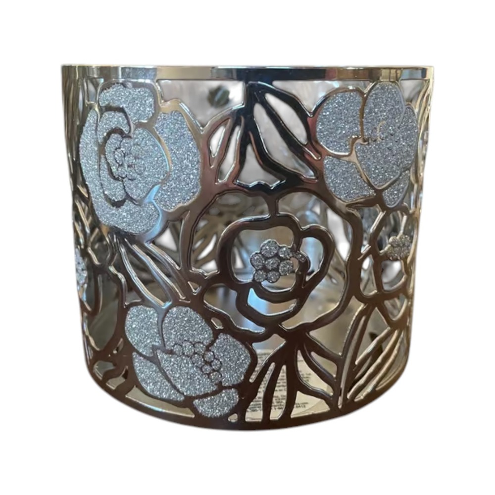 Bath & Body Works Candle Holder Silver Glitter Floral 3-Wick Sleeve Pedestal